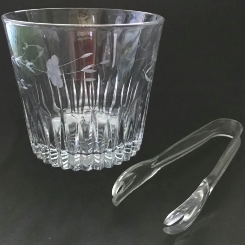 Elegant Clear Glass Ice Bucket W/tongs NWT Vintage